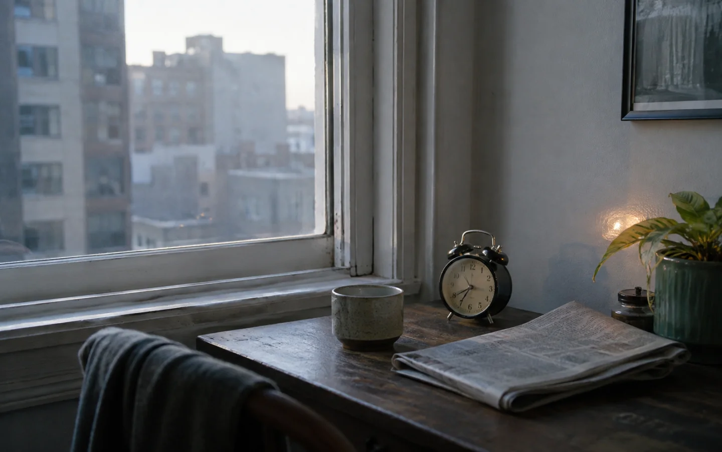 A quiet apartment desk beside a city window in the early morning